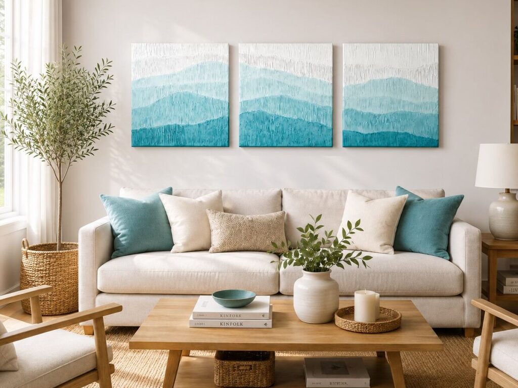 Conjunto de cuadros Mareas Serenas de Adriana Fernández, 30 × 30 cm, relieve texturizado y acrílico